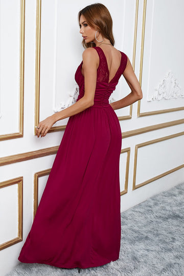 Borgonha V-neck simples vestido de baile